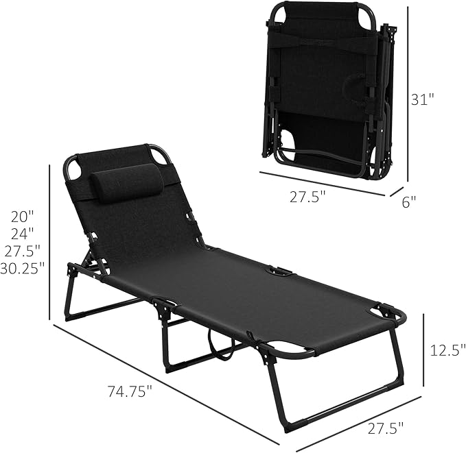 Outsunny Outdoor Chaise Lounge Chair with Removable Cushion and Headrest Pillow, Folding Sun Lounger with Magazine Pocket, 4-Position Backrest, Sun Bathing Chair for Patio, Beach, Gray