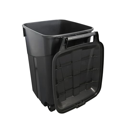 45 Gallon Heavy Duty Wheeled Trash Can with Attached Lid, Large Rolling Garbage Bin, Outdoor/Indoor Use, Black