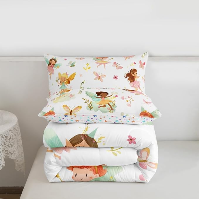 Erosebridal Fairy King Comforter Set for Girls - Butterfly & Floral Bedding Set for Kids, Cute Pink Flower Fairies Garden Quilt | Girly Princess Bedroom Decor with 2 Pillowcases