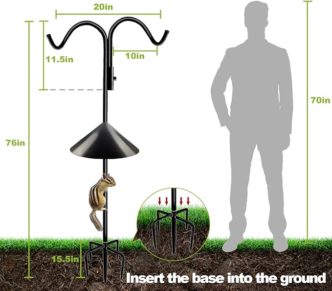 76 Inch Double Shepherd Hook Stand for Outdoor Birdfeeder, Adjustable Two Sided Garden Bird Feeder Pole Holder for Birdhouse Planter Solar Light Lantern, Black, 1 Pack