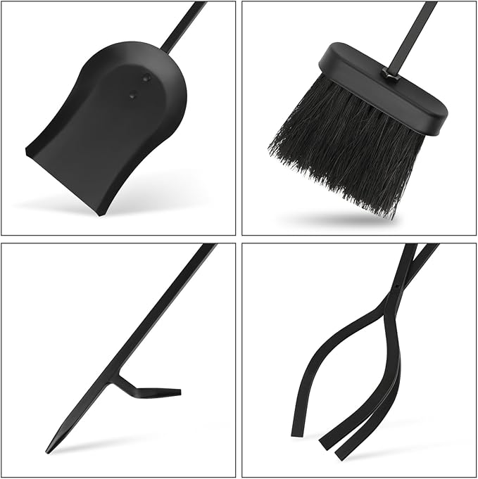 Fireplace Tools Set 5 Piece - Solid Wrought Iron Fire Place Tool Set with Stand, Heavy Duty Indoor Outdoor Fire Pit Accessories Kit, Stable X-Base Black