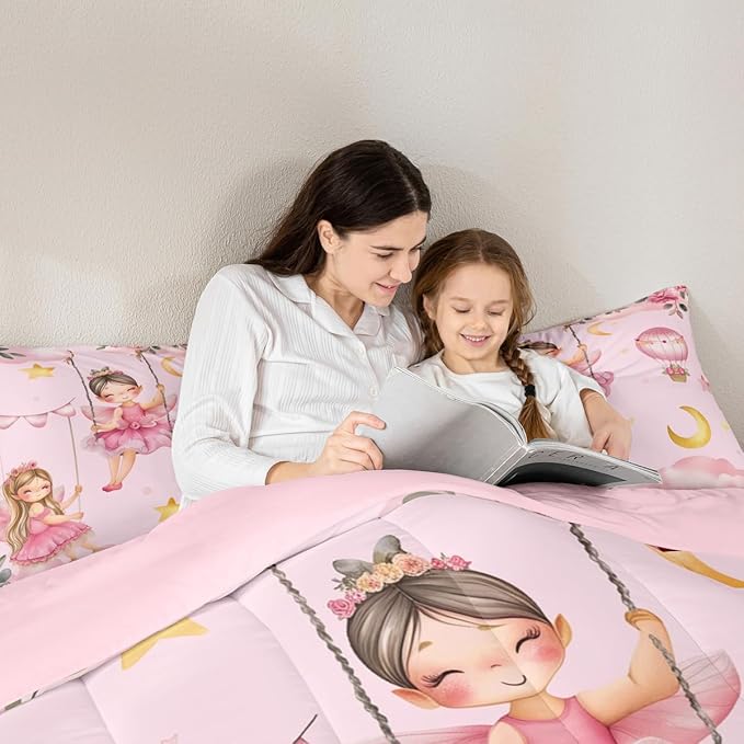 Erosebridal Pink Fairy King Comforter Set for Girls - Butterfly & Floral Bedding Set for Kids Teen, Moon and Stars Flower Quilt | Cute Fairies Bedroom Decor with 2 Pillowcases