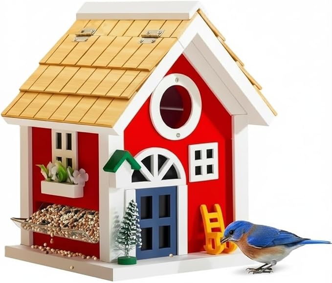 Masterpiece Bluebird House for Outside - Solid Cedar Wood Bird House Bird Feeder for Outdoor - Stainless Hardware - 2 Optional Hole Size 1.5" /1.25" - Garden Center Piece (Red Mansion)