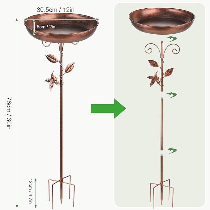30 Inch Bird Bath for Outdoors, Vintage Freestanding Birdbath and Bird Feeder, Metal Feeder Bowl with 5-Pronged Base for Outdoor Garden Patio Yard Lawn Decor