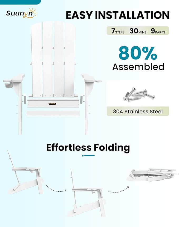 Folding Adirondack Chair, HDPE All-Weather Fire Pit Chairs, Plastic Adirondack Chairs with 2 Cup Holder, Outdoor Lawn Chair for Patio Garden (White)