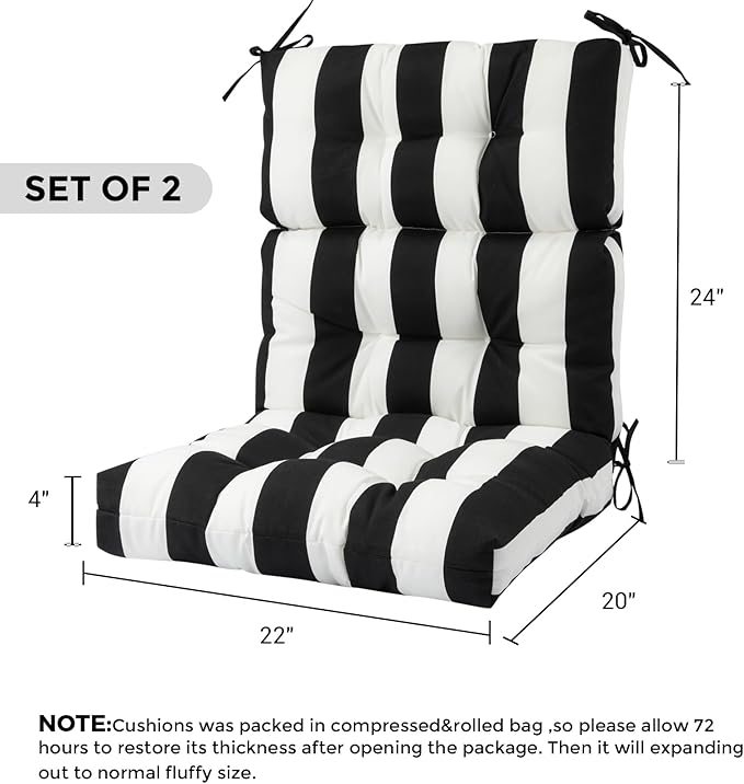 Outdoor High Back Chair Cushions Set of 2,Reversible Lawn Chair Cushion 44 x22 inch,Water Resistant Tufted Adirondack Chair Cushion,for Garden Rocking Chair,Patio Furniture(Black White Stripe)