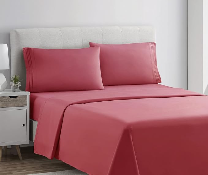 Clara Clark Bed Sheets, Premier 1800 Series 4 Piece Bed Sheet Set, Deep Pocket, Wrinkle, Fade, Stain Resistant, Luxury Soft Bedding Sheets & Pillowcases, King, Coral Pink