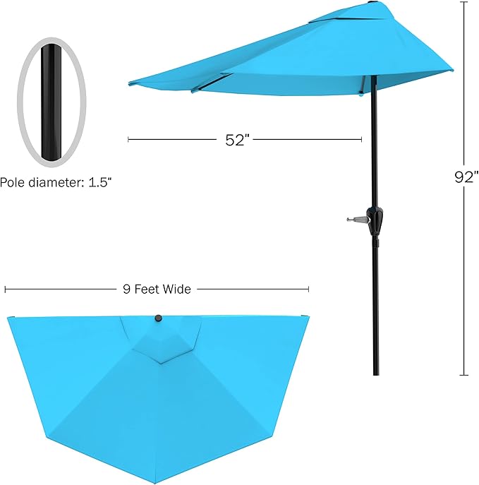 Half Umbrella Outdoor Patio Shade - 9 ft Patio Umbrella with Easy Crank - Small Canopy for Balcony, Table, or Deck by Pure Garden (Brilliant Blue)
