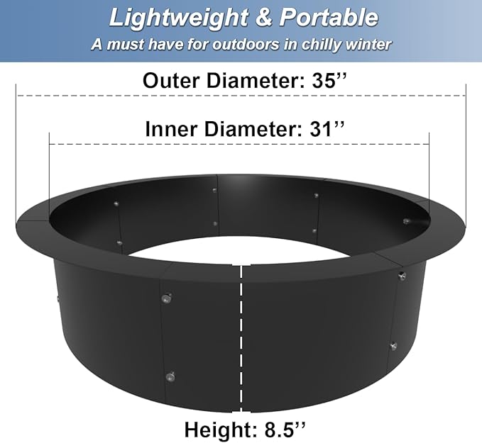 Round Outdoor Fire Pit Ring Insert 31-Inch Inner 35-Inch Outer Diameter, Heavy Duty Metal Steel DIY Firepit Liner Campfire Rings for Outside Wood Burning Above or In-Ground, Black