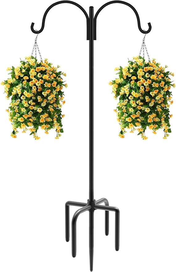 Artibear Double Shepherd Hooks for Outdoor, 60" Heavy Duty Bird Feeder Hangers Garden Hooks with 5-Prong Base, Outside Hanging Pole for Plant Baskets, Solar Light Lanterns, Wind Chimes, 1 Pack