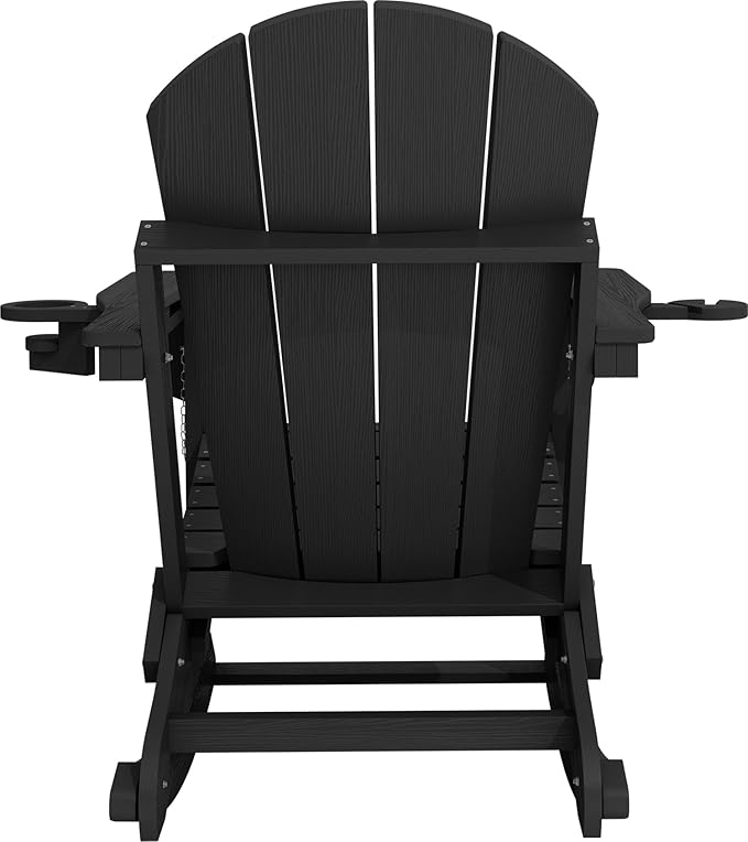 KINGYES Adirondack Rocking Chair with Retractable Ottoman and Cup Holders, HDPE Adirondack Rocker Patio Rocking Chair for Porch, Patio, Balcony, Black