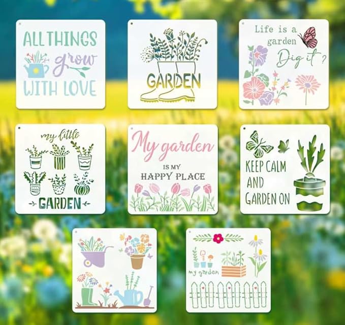 16-Pack Garden Word Stencils, Reusable Gardening Quote Templates for Wood Signs, Wall Art, DIY Crafts & Baking Decor - 7.87x7.87 Inch PET Stencils Set