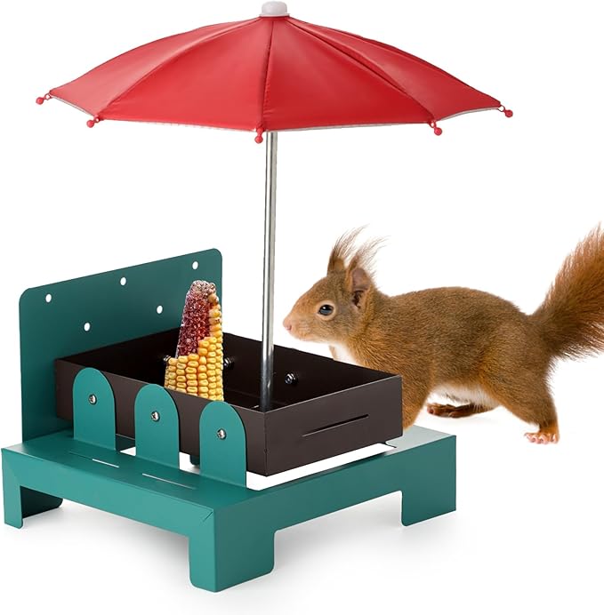 Squirrel Picnic Table Feeder with Umbrella – Metal Squirrel Feeder for Outdoors, Large Food Tray & Corn Cob Holder, Funny Picnic Table for Wildlife, Tree-Mount Squirrel Table Feeding Station