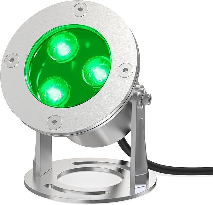 9W LED Underwater Lights Low Voltage 12V AC/DC, Architectual Grade Light Fixture Stainless Steel with Green Lighting, Suitable for Pond, Fountain Landscape Lighting Projects
