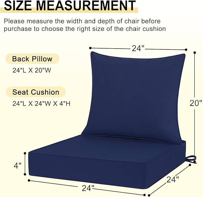downluxe Outdoor Chair Cushions 24x24 with Removable Cover, Waterproof Patio Furniture Cushions, Deep Seat Cushions for Outdoor Furniture with Backrest for Sofa, Couch and Patio Chairs, Navy