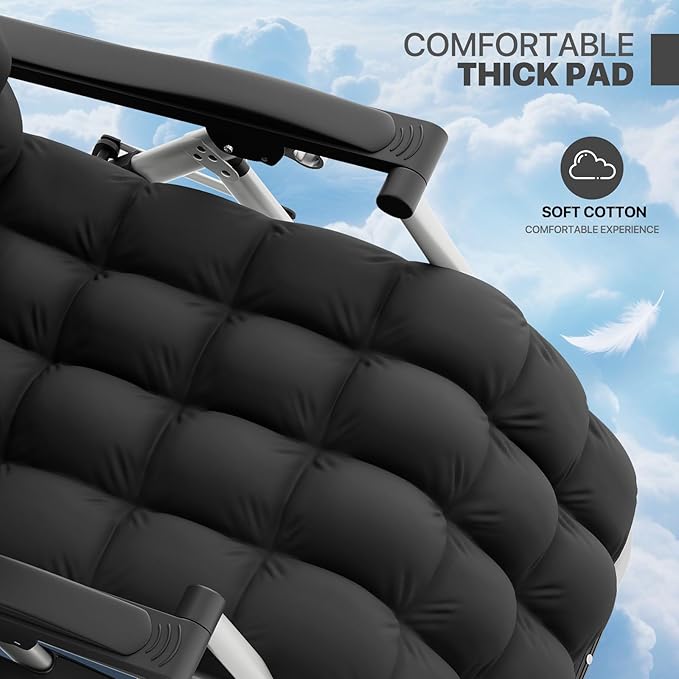 Magshion Zero Gravity Chair with Cushion, Reclining Outdoor Patio Lounge Chair, Folding Indoor Anti Gravity Recliner, Portable Lounger with Removable Cup Holder Side Tray and Pillow Headrest (Black)