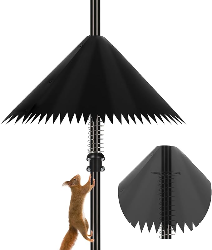 Squirrel Baffle for Bird Feeder Pole, Outdoor Squirrel Guard with Stainless Steel Spring for Shepherd's Hook, Squirrel Stopper for Bird Houses, 19 inch Black