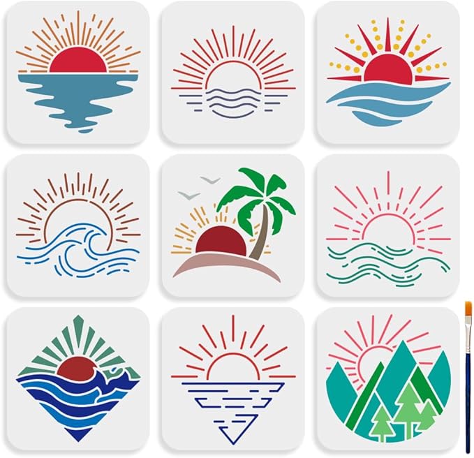 MAYJOYDIY 9pcs Sunrise Stencil 6×6inch Boho Sunrise Sunset Stencil for Painting with Paint Brush Sun Sea Waves Coconut Trees Forest Drawing Stencils for Crafts Wood Wall Fabric Paper Wall Furniture