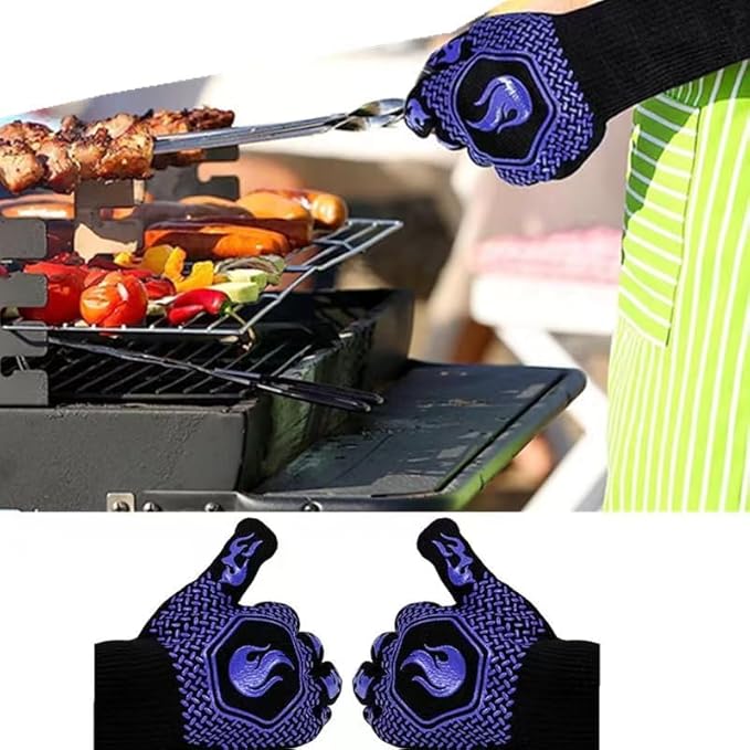 BBQ Grill Gloves Heat Resistant 1472℉ High Temp Resistance Fireproof Glove for Grilling Smoking Barbecue Washable Long Oven Extreme Hot Proof Mittens for Kitchen Baking (Blue)