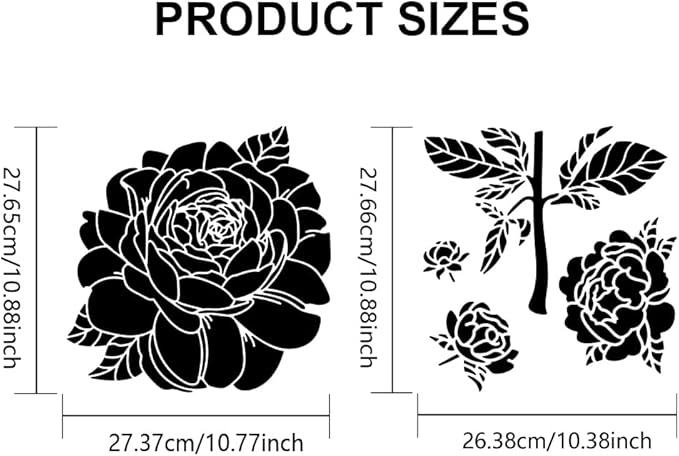 MAYJOYDIY 2pcs Peony Stencil 11.8×11.8inch Large Peony Flower Stencils for Painting Splicing Style with Paint Brush Spring Floral Peony Drawing Template for Wood Walls Canvas Furniture Art Crafts