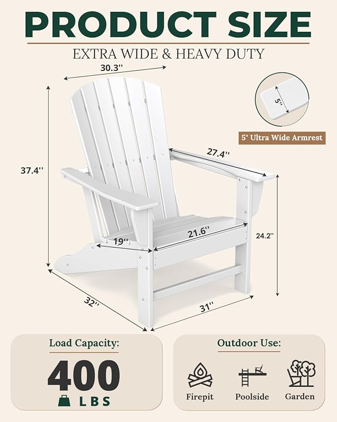 BRIOPAWS Adirondack-Chairs-Set of 4 | Fire Pit Chair | Oversized | HDPE Plastic | Weather Resistant | for Deck Outdoor Poolside Campfire | White