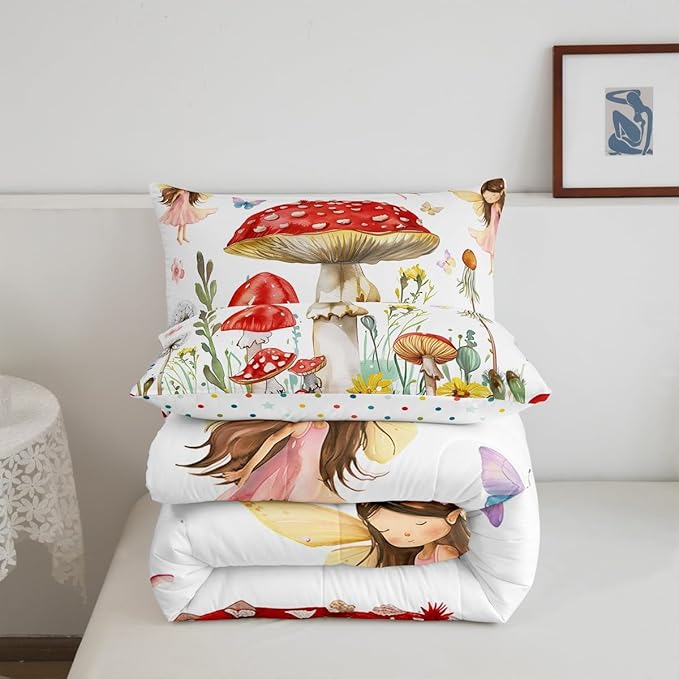 Erosebridal Fairy Garden Twin Comforter Set,Kawaii Mushroom Bedding Sets for Kids Teen Girls,Cute Floral Butterfly Quilt Bed Set,Dreamy Fairy Flower Bedroom Decor,1 Pillowcase Breathable