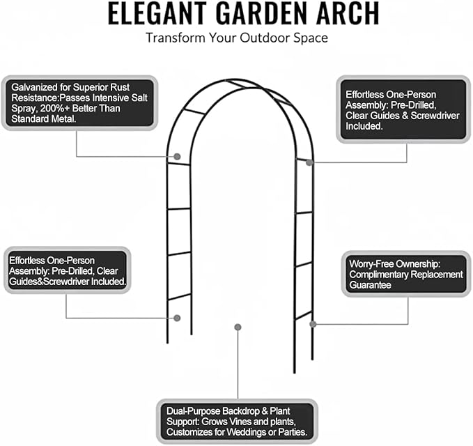 Galvanized Metal Garden Arbor,7.6ft H x 4.6ft W,Rust-Resistant Heavy-Duty Garden Arch Trellis for Climbing Plants Vines Roses, Ideal for Weddings, Bridal Events, Halloween, Christmas & Outdoor Decor