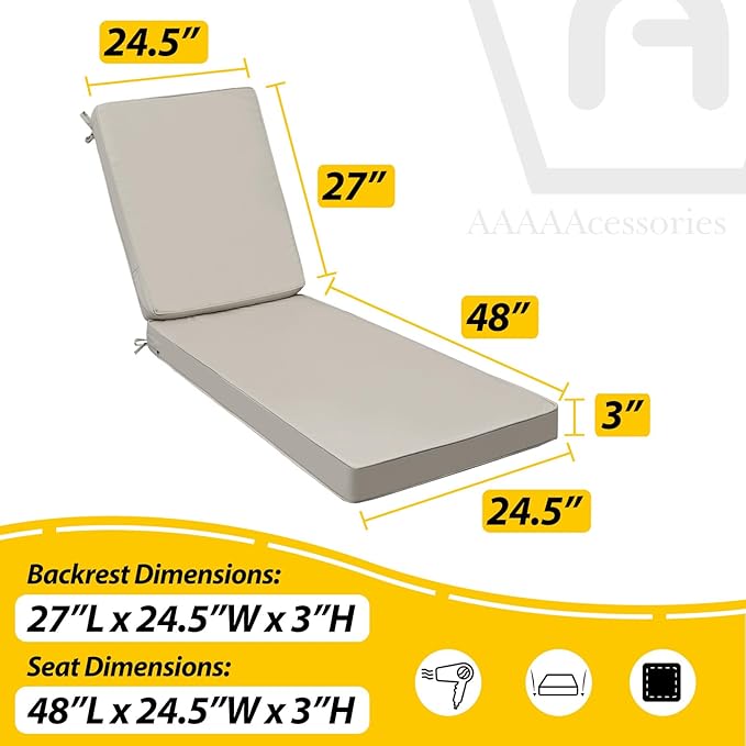 AAAAAcessories Outdoor Chaise Lounge Cushions, Fade-Resistant, Waterproof Patio Furniture Replacement Cushions, 75" x 24.5" x 3", Beige