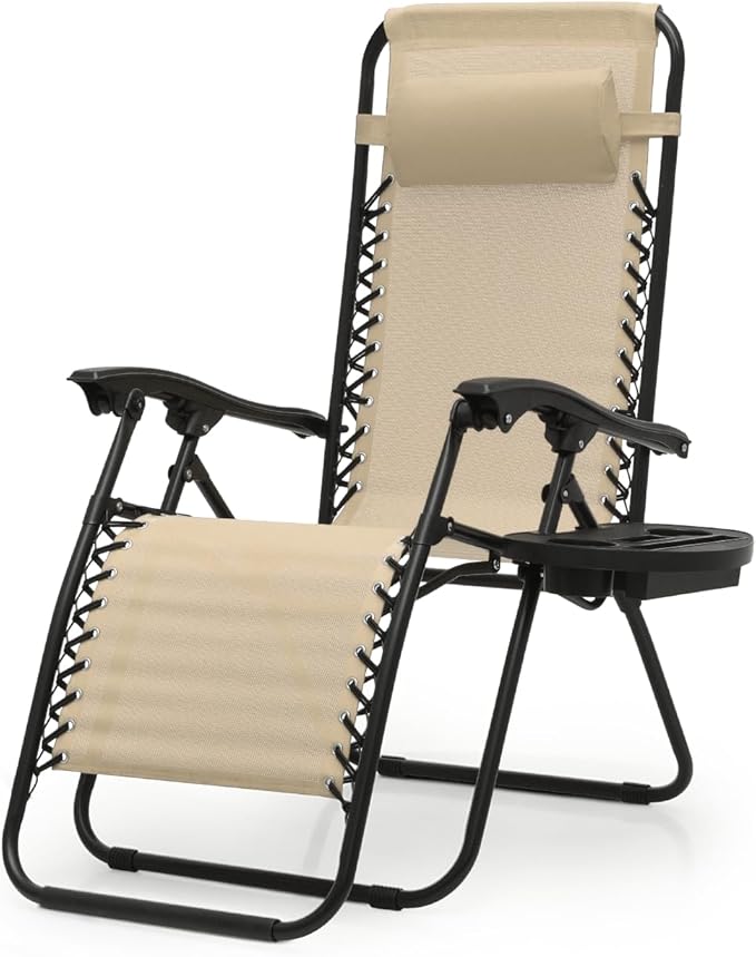 Zero Gravity Chairs, Portable Folding Reclining Lounge Chairs with Adjustable Pillow and Cup Holder Trays for Outdoor, Patio, Beach, Camping, Garden, Poolside, Beige