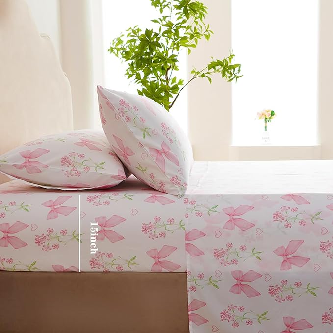 Pink Bow Sheet Set Queen Garden Floral Fitted Sheet Set for Girls Kids Soft Microfiber Fitted Flat Sheets & Pillowcases Cute Princess Style Bowknot Bedding Sets Toddlers 4 Pieces