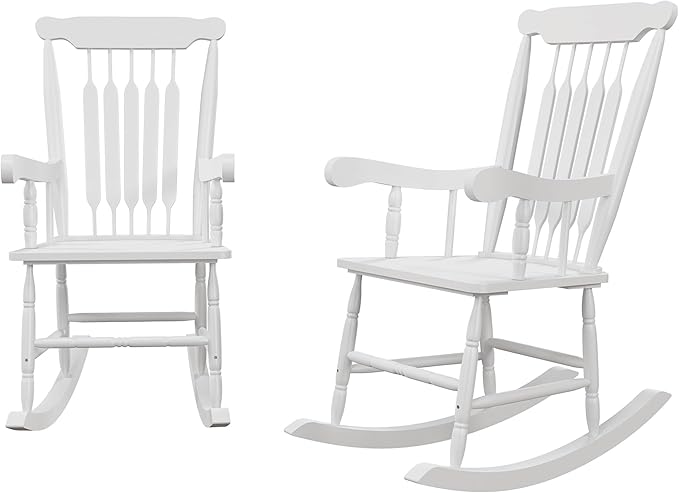Outsunny Outdoor Wood Rocking Chairs Set of 2, 350 lbs. Porch Rockers with High Back for Garden, Patio, Balcony, White