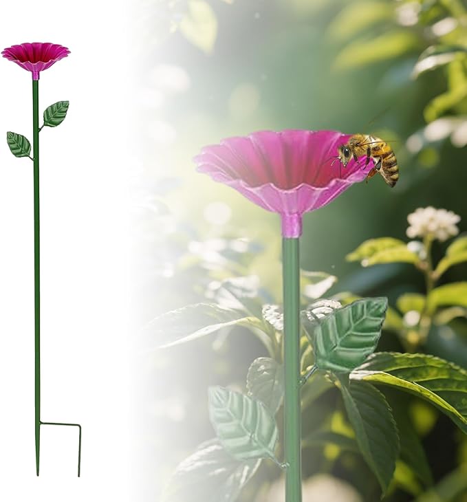 4 Pack Bee Watering Station, Metal Bee Feeder Cups with Colorful Flower Design,Butterfly Bee Bath Bowl for Outdoor Garden Yard Decor (Green, Blue, Yellow, Purple)