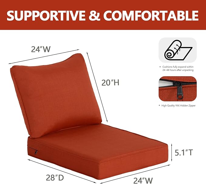 Goodgoods 24 x 28 Outdoor Patio Deep Seat Cushions 2-Pack, 1000+ Hours Fade-Resistant & Water-Resistant Outdoor Furniture Chair Cushions with 30D High-Resilience Foam for Sofa Chair, Quarry Red
