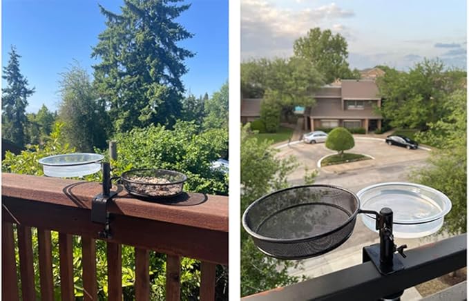 Deck Bird Feeder and Bath Platform Birdseed Tray Railing Handrail Mount Metal Feeder and Water Bowl for Wildbird Feeding