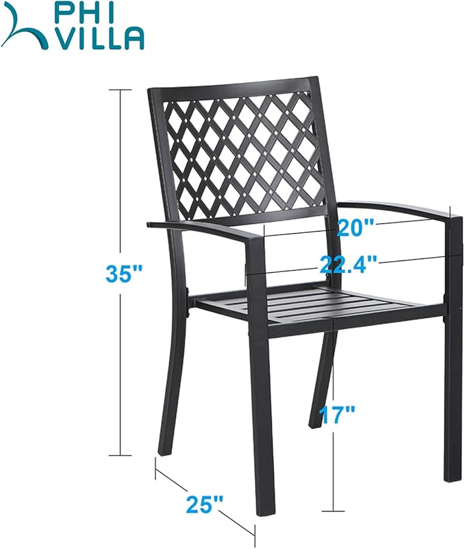 PHI VILLA Metal Outdoor Dining Chairs Set of 2 - Stackable Black Patio Chairs, 300lb Capacity (Diamond)