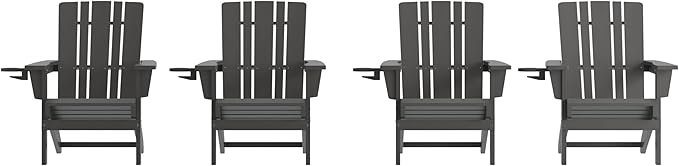 Flash Furniture Halifax Adirondack Chairs with Cup Holders, Weather Resistant Poly Resin Adirondack Chairs, Set of 4, Gray