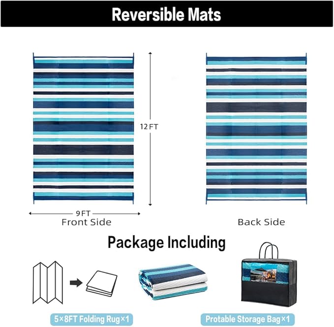 HUGEAR Outdoor Waterproof Rug 9'x12' Plastic Straw Rugs Washable Reversible Floor Mat Blue Stripe Carpet for Camping RV Deck Entryance Porch Picnic Balcony Beach Backyard
