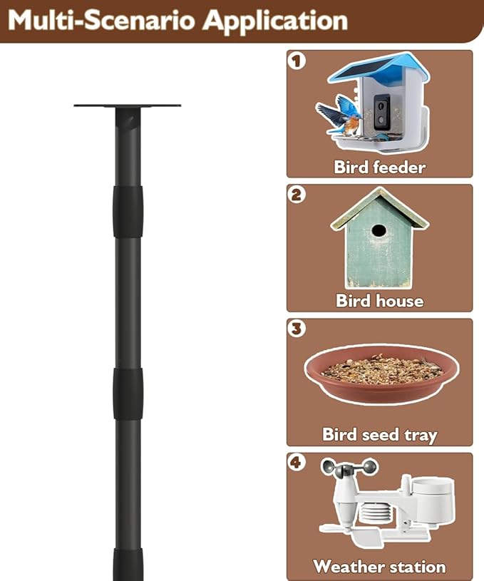 Garbuildman Upgraded Smart Bird Feeder Pole for Birdhouses with Reinforced 5-Prong Base, Adjustable Birdhouse Pole for Outdoors, Bird Feeder Stand Mounting Kit for Wild Birds Watching, Black