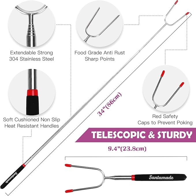 Marshmallow Roasting Sticks Set of 5 -Telescoping Long Smores Sticks for Fire Pit, Hot Dog Sticks for Campfire Grill Bonfire Party Supplies -With Santa Storage Sack