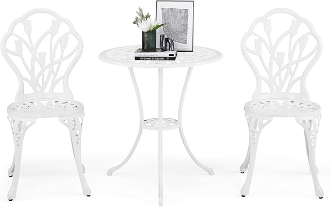 VINGLI 3 PCS Outdoor Bistro Set, Outdoor Patio Set, All-Weather Cast Aluminum Bistro Table Set, Bistro Table and Chairs Set of 2 for Backyard, Garden, Balcony (White, Tulip)