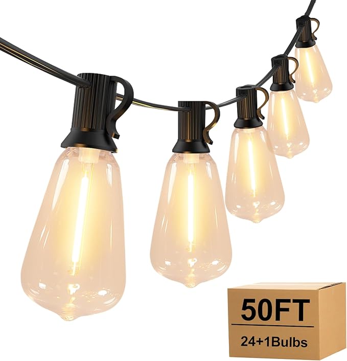 Outdoor String Lights with ST38 Clear Globe Bulbs, Black Cord, Waterproof LED Edison Filament Decorative Lighting for Patio, Garden, Backyard (ST38 Bulbs, 50FT)