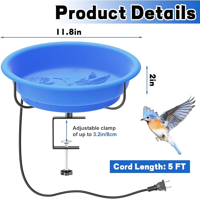 Heated Bird Baths for Outdoors Winter,100W Thermostatically Controlled Heated Bird Bath for Deck Railing Adjustable Metal Clamp Heated Birdbath for Outside Garden Patio Yard Lawn(Blue)