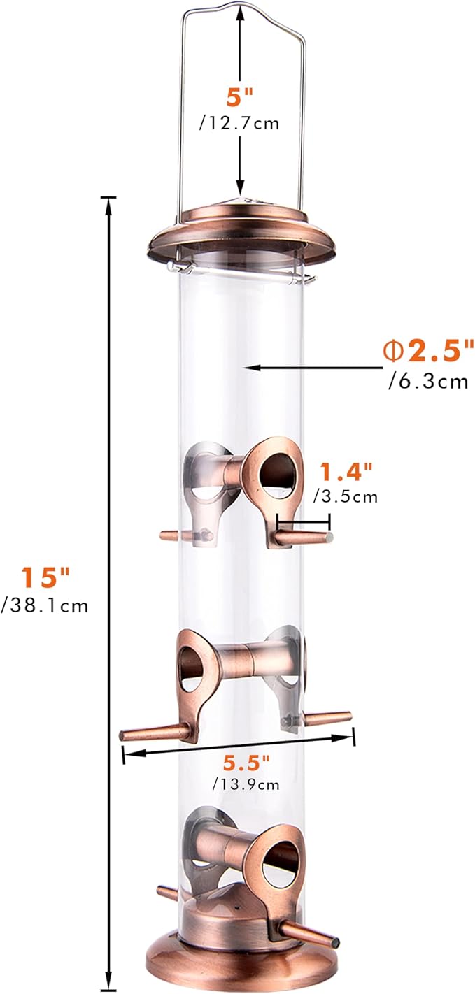 iBorn Metal Bird Feeders Brushed Copper Wild Bird Feeder for Outdoors Hanging All Metal Brushed Copper Finishing 15 Inch 6 Port(Seed is not Included)