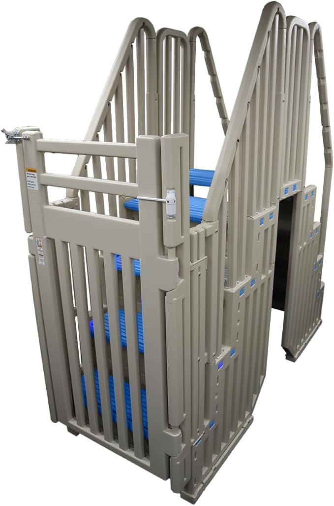 Confer Plastics Step Enclosure System: Above Ground Entry System, Dual Handrails, Slip-Resistant Steps, Supports 400 lbs, Easy Install – Made in USA, Warm Grey with Blue Step-1X Treads
