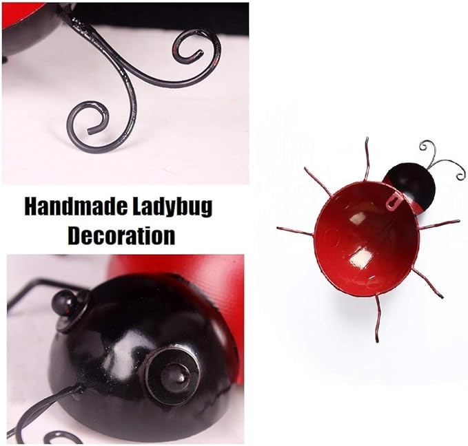 Gudui Metal Ladybugs Garden Wall Art Decor Cute Ladybugs Wall Sculptures & Statues Outdoor Decoration Yard Lawn Porch Fence Ornaments, Set of 4