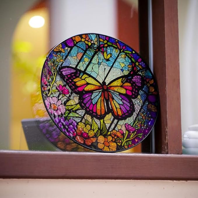Generic Butterfly Stained Glass Suncatcher Artistic Window Hanging,7.8” Hand-Painted Glass Panel Wall Home Decor,Gift for Women Garden Decor Suncatcher, BL009