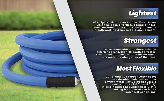 AG-LITE AL58150 5/8" x 150' Rubber Farm & Ranch Water Hose, Lightweight, 500 PSI, -50°F to 190°F, Polyester Braided, Brass GHT Fittings, 4 Finger-Grip Bend Restrictor, Agriculture & Industrial Use