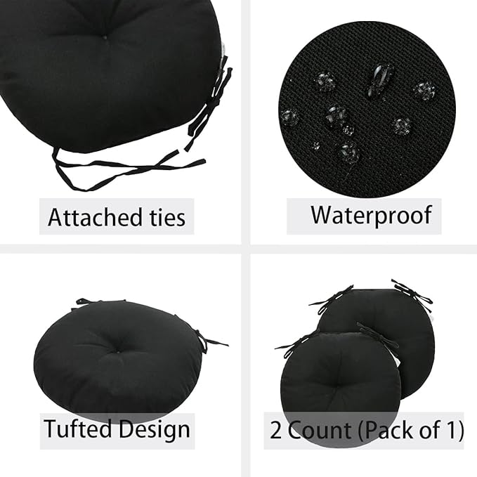 FUNHOME Bistro Chair Cushions 15 inch,Set of 2,Tufted Round Chair Cushions with Ties,15"x15"x4",Water Resistant Round Seat Cushion for Barstool Chairs,Patio Garden Kitchen Outdoor Furniture(Black)