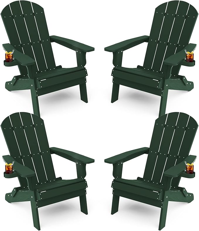 YEFU Adirondack Chair, Foldable Oversized Plastic Adirondack Chair Set of 4 with Cup Holder, Patio Chair with Weather Resistant for Outside Deck Lawn, Weight Capacity Up to 400 Lbs –Green