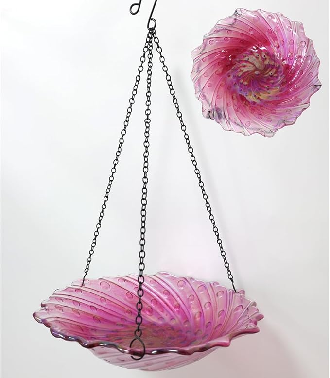 HONGLAND Bird Baths for Outdoors, Glass Birdbaths Outdoor Birdfeeder with Metal Stake (Pink with Hanging)